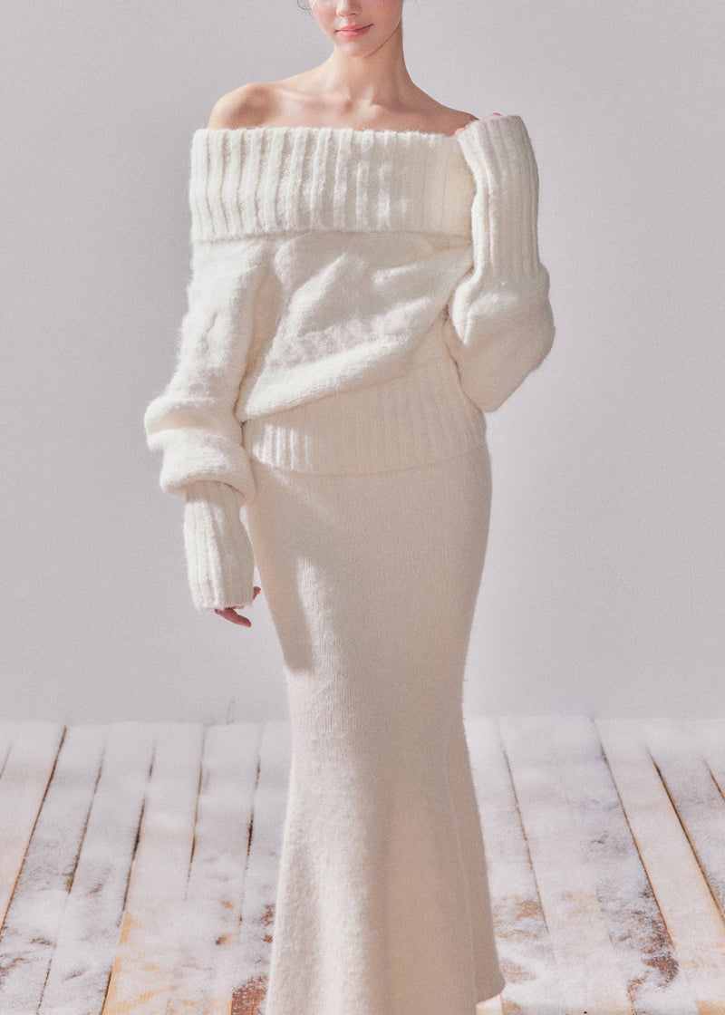 White Turtleneck Patchwork Cotton Knit Sweater and Maxi Dress Two-piece Set Spring