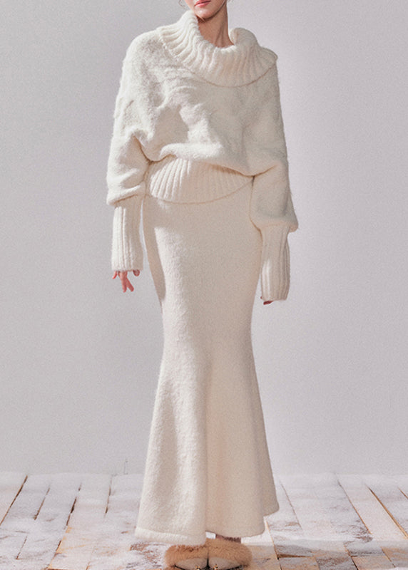 White Turtleneck Patchwork Cotton Knit Sweater and Maxi Dress Two-piece Set Spring