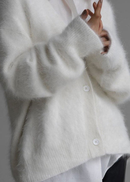 White V Neck Mink Hair Knitted Cardigan Fall