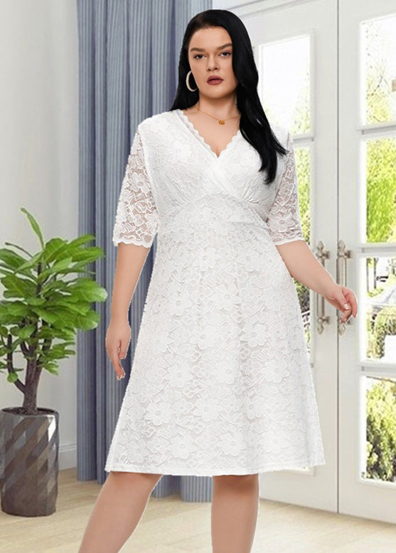 White V Neck Patchwork Lace Mid Dresses Short Sleeve