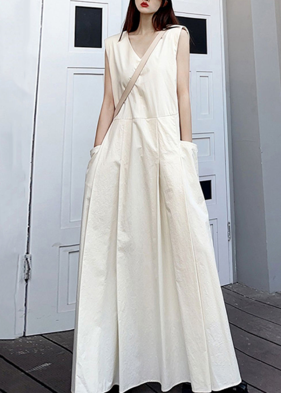 White V Neck Pockets Patchwork Cotton Maxi Dresses Sleeveless