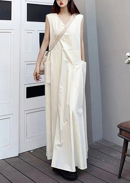 White V Neck Pockets Patchwork Cotton Maxi Dresses Sleeveless