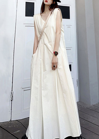 White V Neck Pockets Patchwork Cotton Maxi Dresses Sleeveless