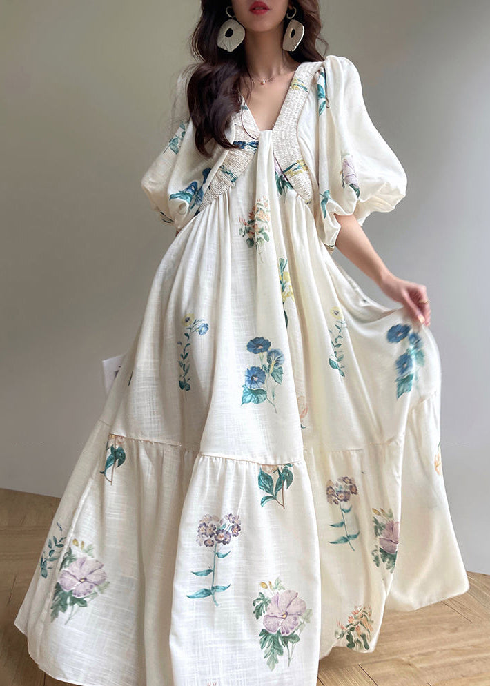 White V Neck Print Lace Up Cotton Dress Lantern Sleeve