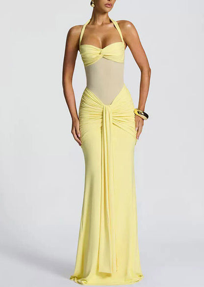 Yellow Halter Tulle Patchwork Flattering Long Dress Summer
