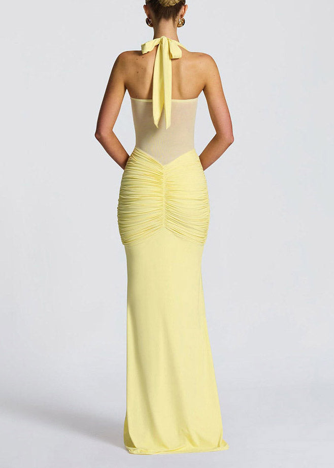 Yellow Halter Tulle Patchwork Flattering Long Dress Summer