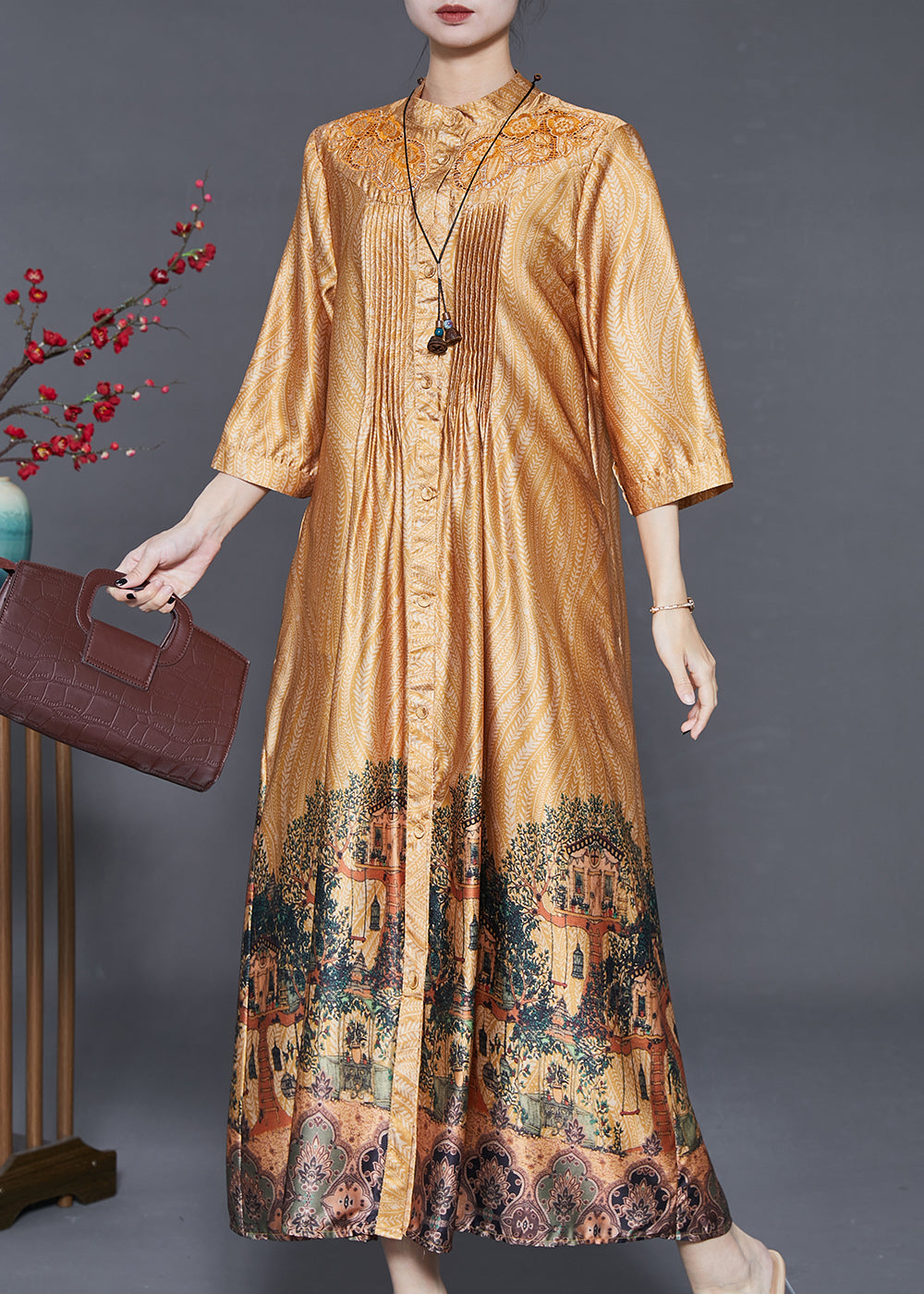 Yellow Hollow Out Print Wrinkled Silk Shirt Dresses Summer