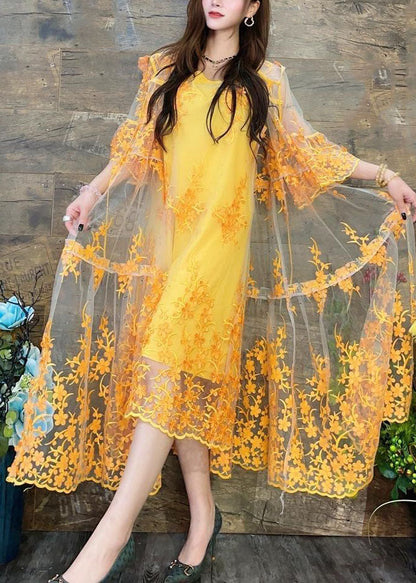 Yellow Hooded Embroidered Patchwork Tulle Two Pieces Set Summer