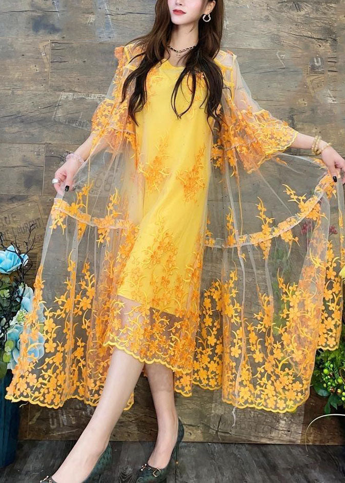 Yellow Hooded Embroidered Patchwork Tulle Two Pieces Set Summer