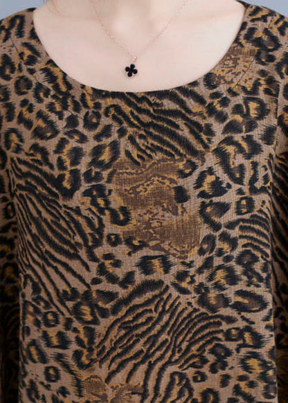 Yellow Leopard Pockets Print Cotton Loose Dresses Half Sleeve