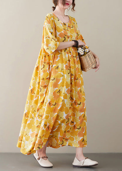 Yellow O-neck Patchwork Cozy Long Dresses Short Sleeve