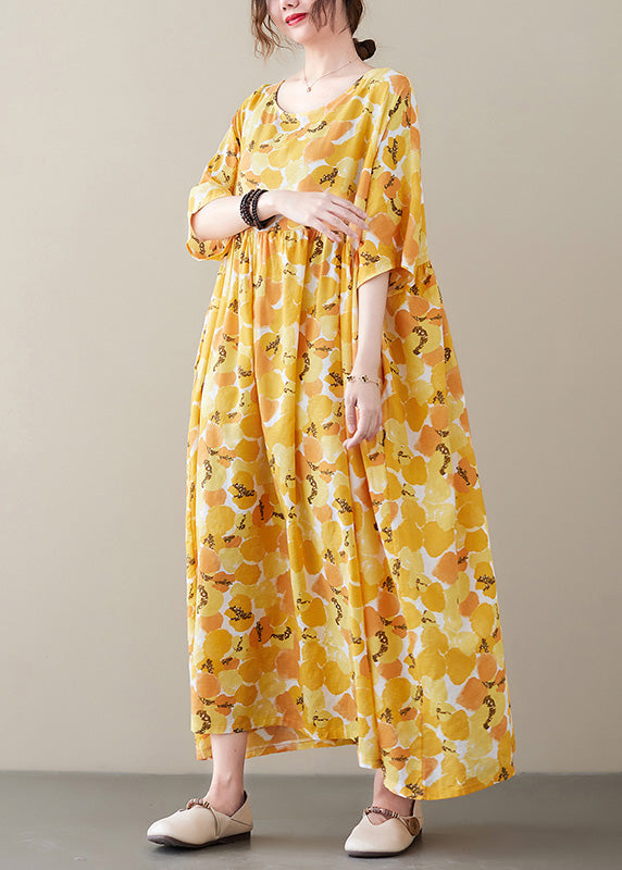 Yellow O-neck Patchwork Cozy Long Dresses Short Sleeve