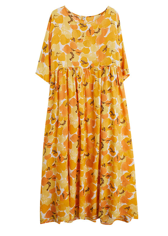 Yellow O-neck Patchwork Cozy Long Dresses Short Sleeve