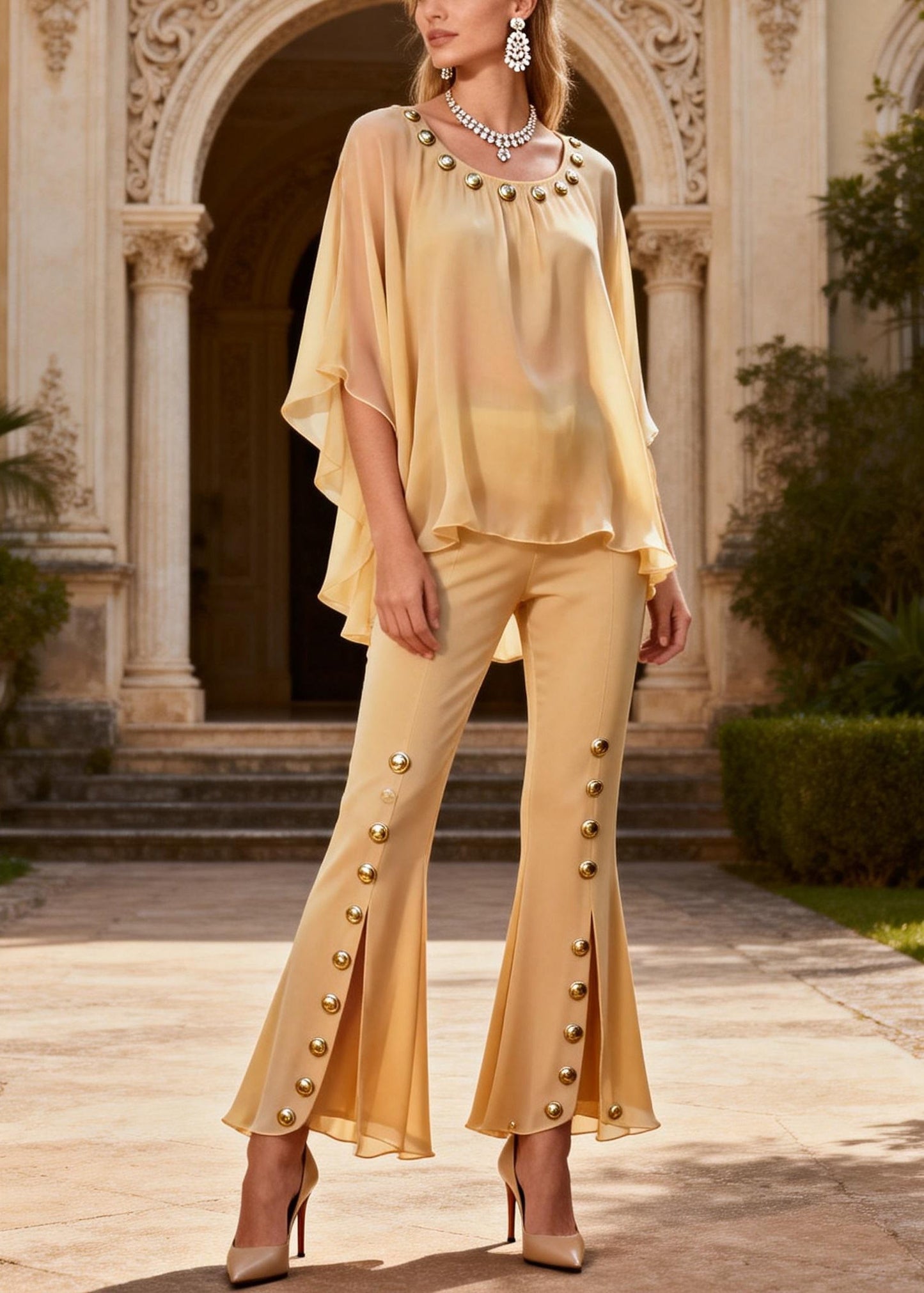 Yellow O-neck Rivet Chiffon Top and Flared Trousers Two Piece Set Flare Sleeve