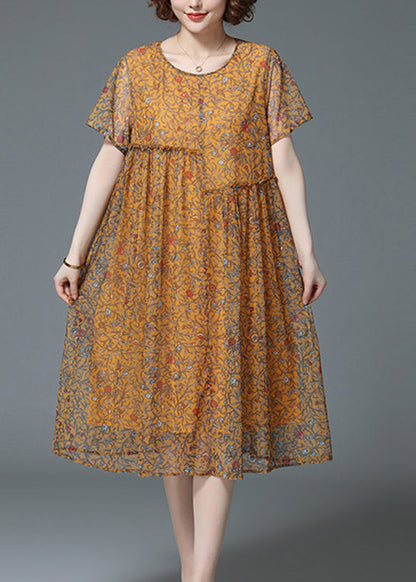 Yellow O-neck Wrinkled Ruffled Print Chiffon Dress Short Sleeve