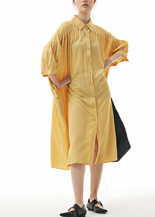 Yellow Peter Pan Collar Button Holiday Long Shirts Dress Summer