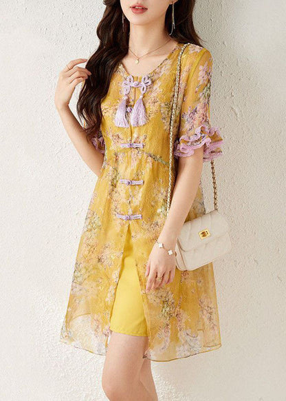 Yellow Print Chinese Button Tassel Silk Mid Dresses Summer