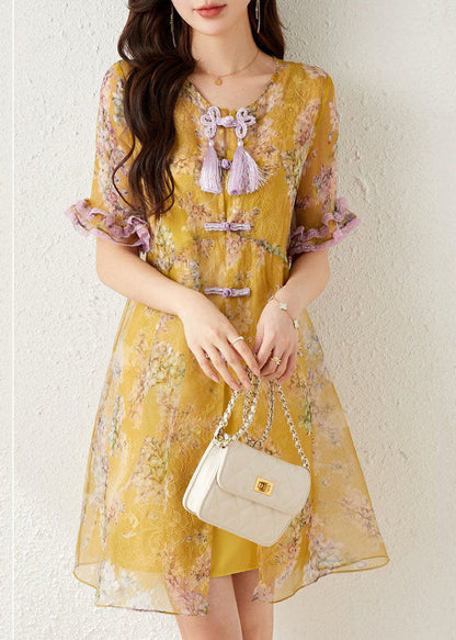 Yellow Print Chinese Button Tassel Silk Mid Dresses Summer