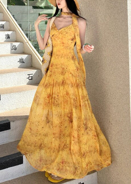 Yellow Print Exra Large Hem Cotton Vacation Dress Summer