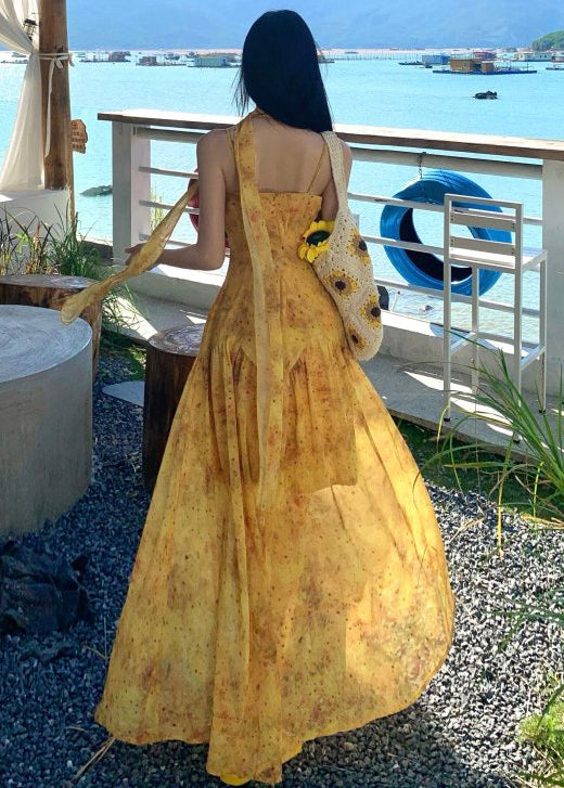 Yellow Print Exra Large Hem Cotton Vacation Dress Summer