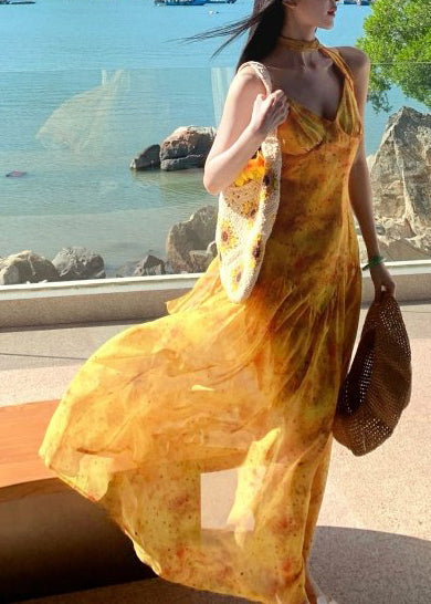 Yellow Print Exra Large Hem Cotton Vacation Dress Summer