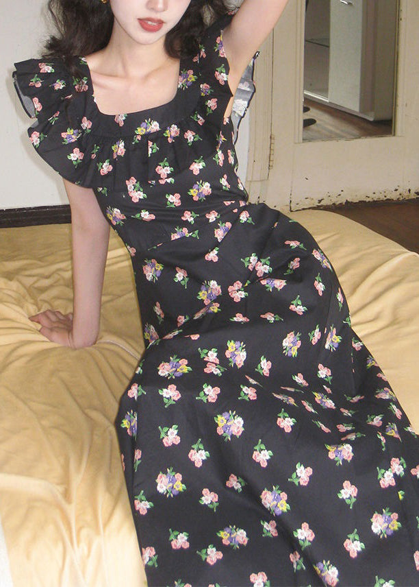 Yellow Ruffled Print Cotton Long Dress Sleeveless