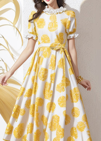 Yellow Ruffled Print Tie Waist Silk Dress Summer
