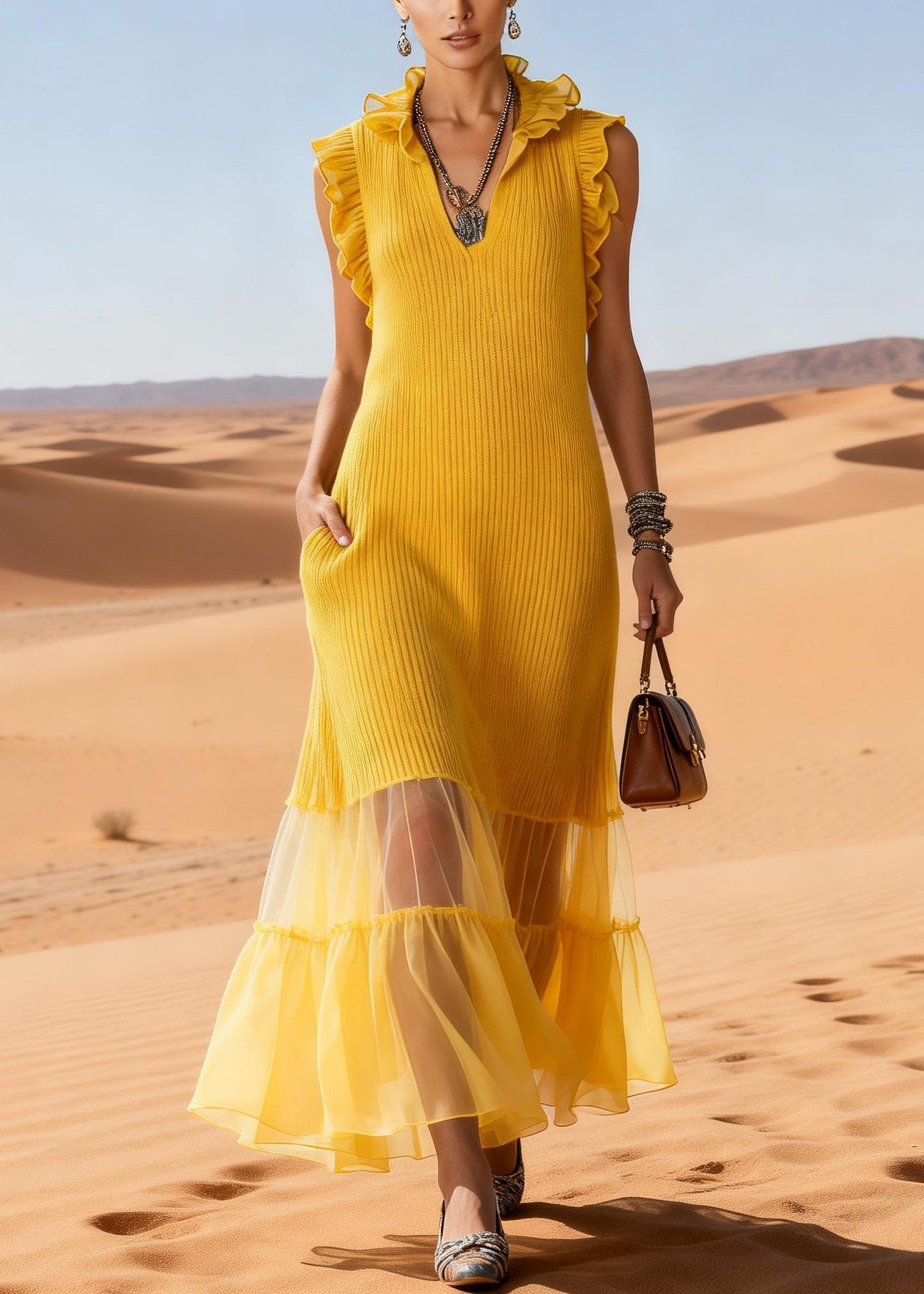 Yellow Ruffled Tulle Patchwork Knit Long Sweater Dress Sleeveless
