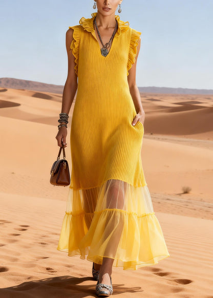 Yellow Ruffled Tulle Patchwork Knit Long Sweater Dress Sleeveless