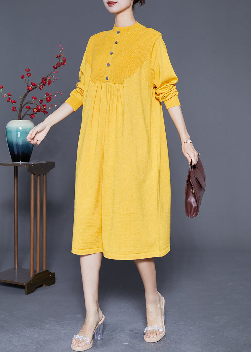 Yellow Stand Collar Wrinkled Knit Long Dress Spring