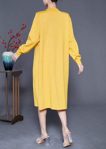Yellow Stand Collar Wrinkled Knit Long Dress Spring