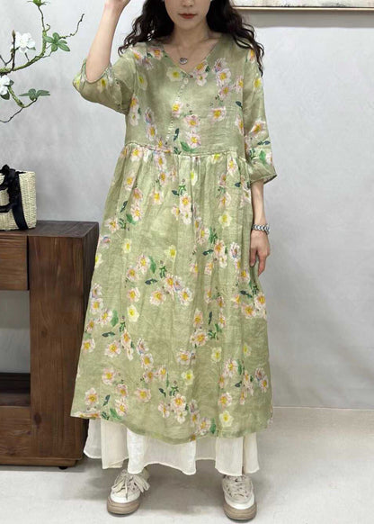 Yellow V Neck Print Linen Long Dresses Half Sleeve