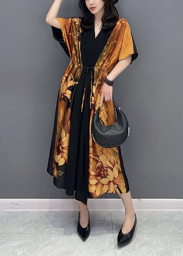 Yellow V Neck Print Wrinkled Drawstring Patchwork Silk Dress Summer
