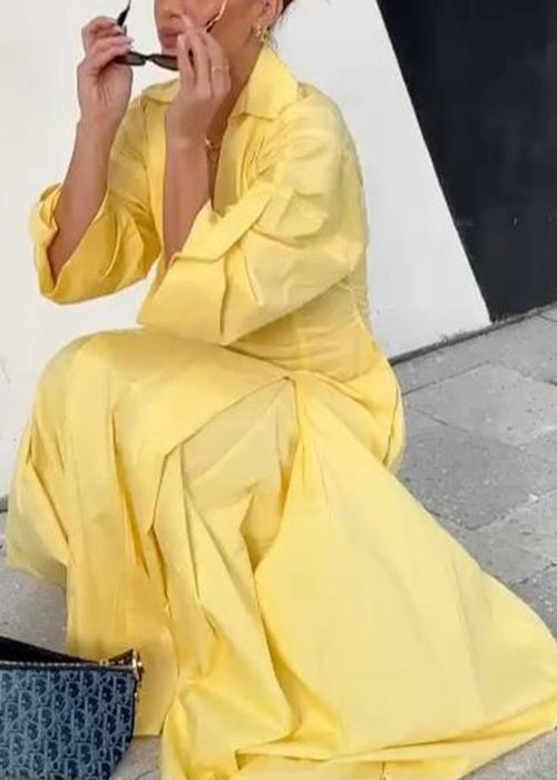 Yellow V Neck Zippered Cotton Shirts Dress Half Sleeve