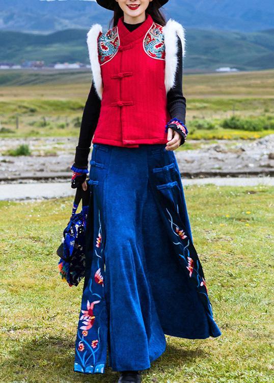 Navy Cotton Quilting Clothes Chinese Button Loose Embroidery Skirts