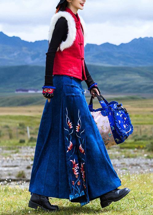 Navy Cotton Quilting Clothes Chinese Button Loose Embroidery Skirts
