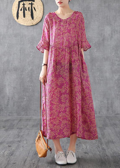 Purple Red Print Chiffon Dress O Neck Petal Sleeve Loose Summer Dress