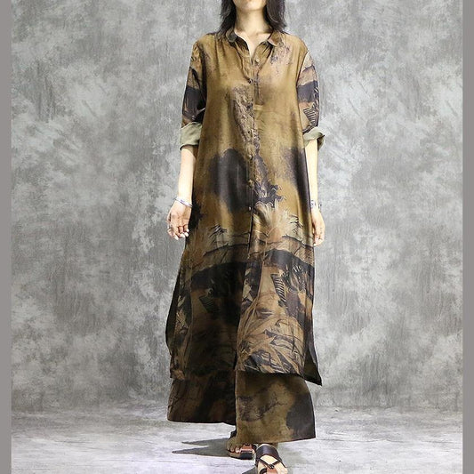 CD | Elegant pantaloni largi picior mătase tunici galben două piese plus dimensiunea rochie printuri de vară