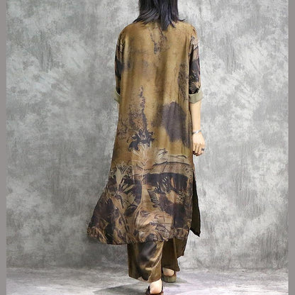 CD | Elegant pantaloni largi picior mătase tunici galben două piese plus dimensiunea rochie printuri de vară