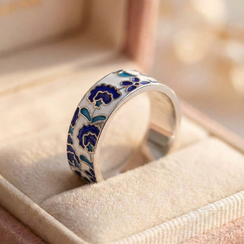 Elegant Blue Enamel Flower Ring