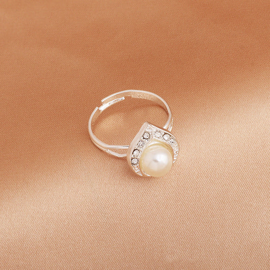 Elegant Crystal Pearl Silver Ring