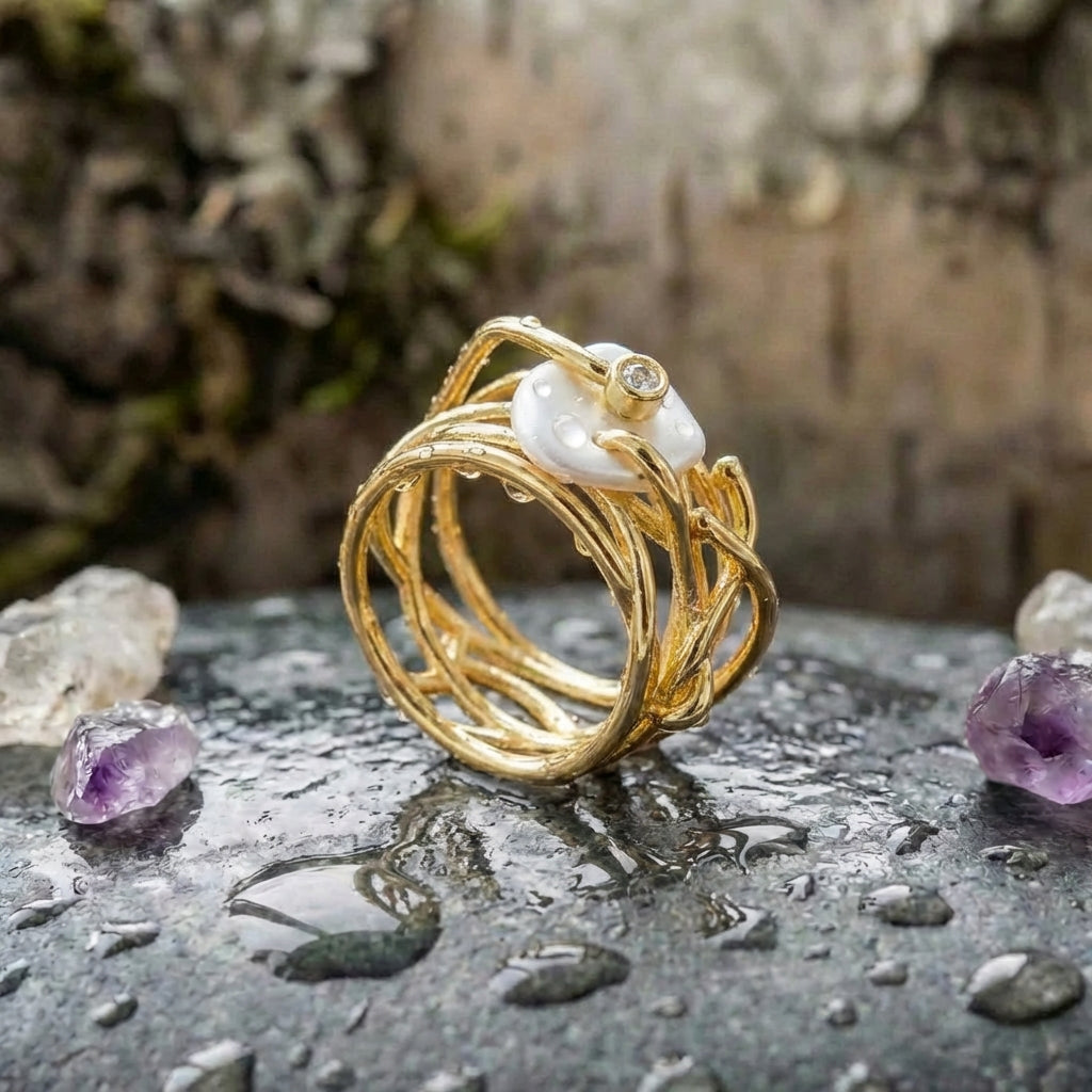 Elegant Pearl Geometric Ring