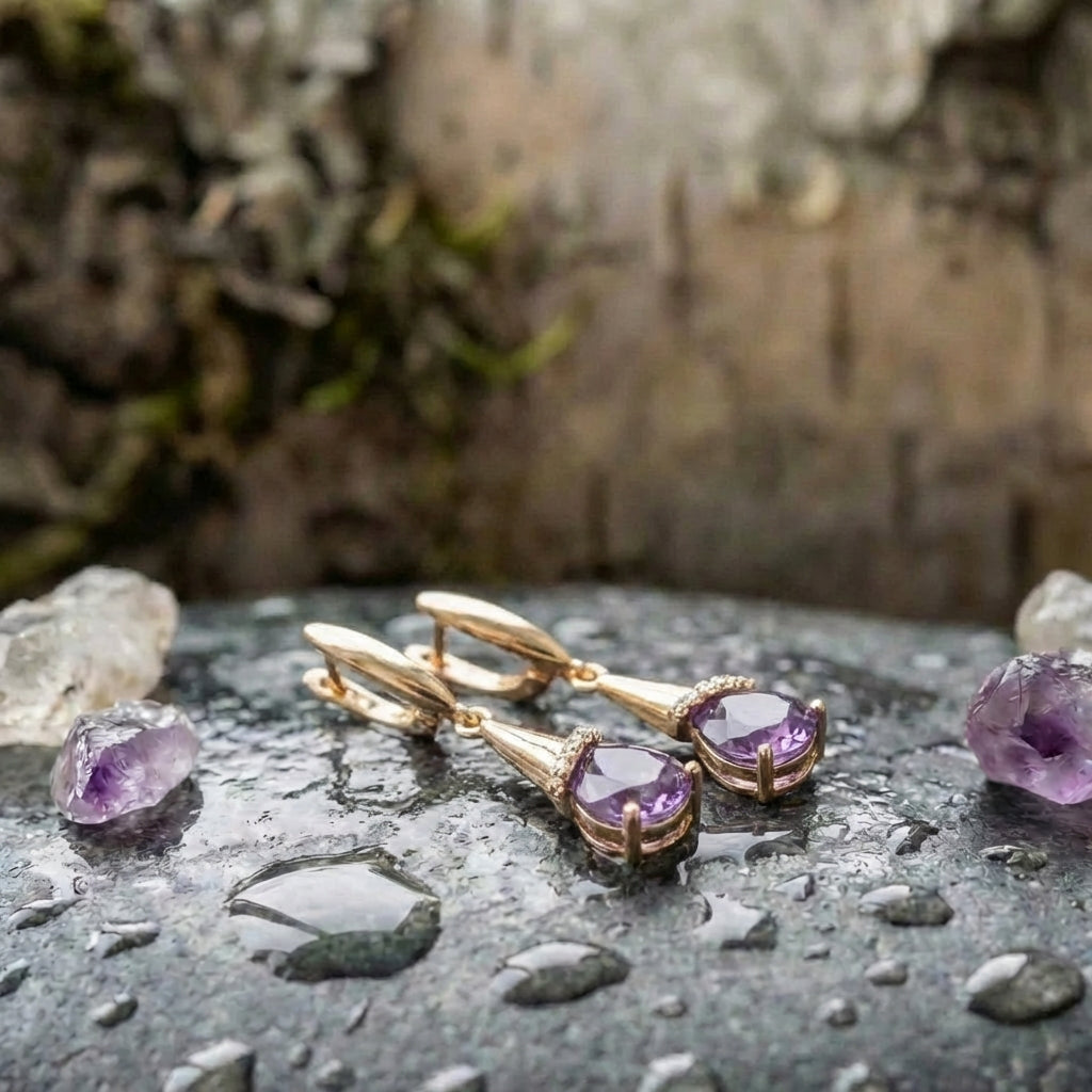 Elegant Purple Zircon Stone Gold Earrings