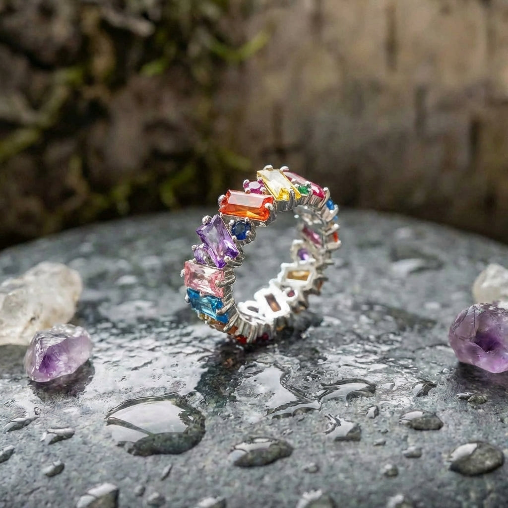 An Elegant Rainbow Baguette Eternity Band Ring