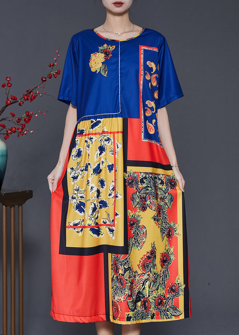 Style Blue Oversized Print Silk Dresses Summer