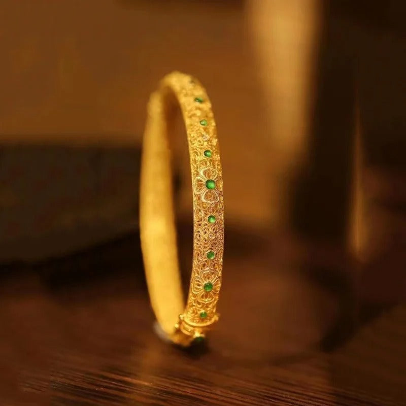 Ethnic Style Gold Green Gemstone & Floral Pattern Bangle