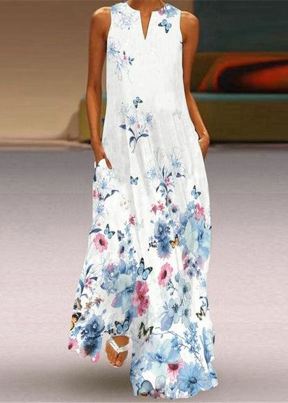 European and American Style Blue Print Chiffon Long Dress Summer