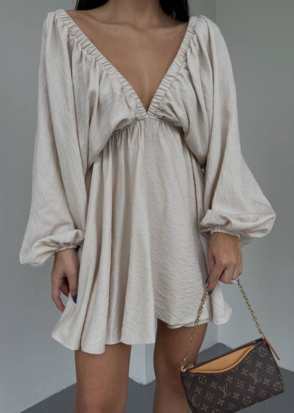 European and American Style Lantern Sleeve V Neck Short Dress