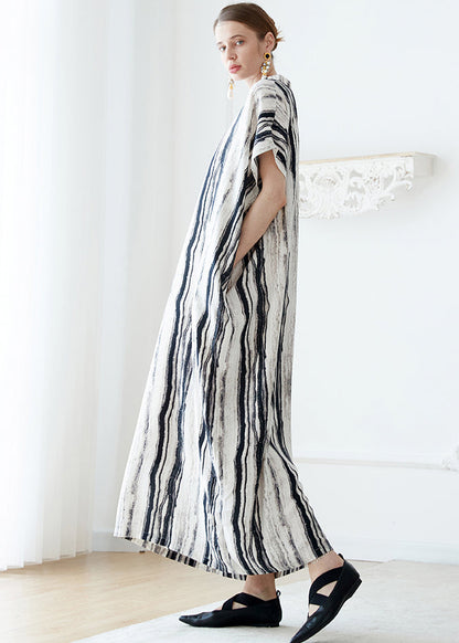 European and American Style V Neck Striped Cotton Holiday Robe Dresses Summer