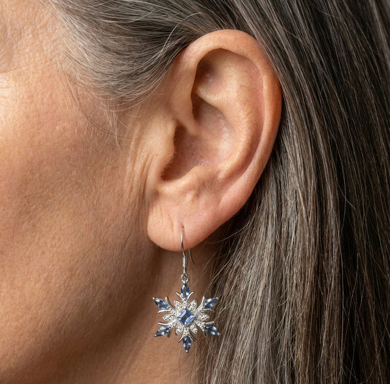 Exquisite White Blue Zircon Snowflake Earrings